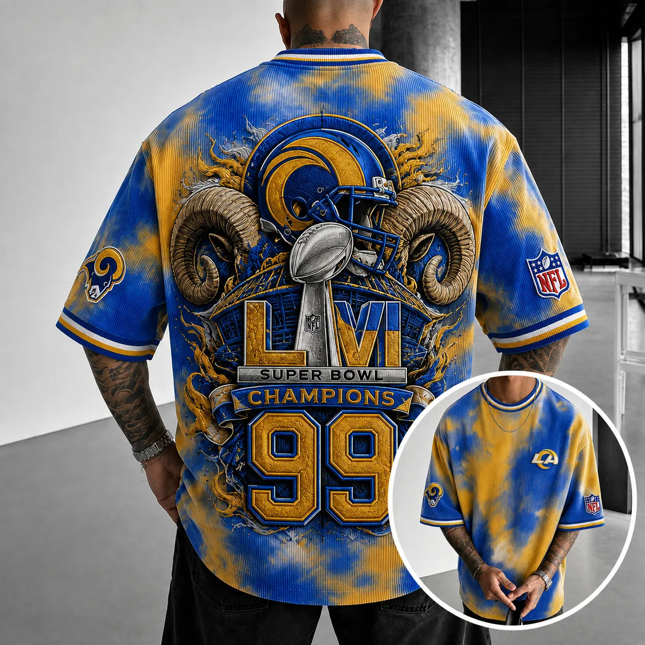 Unisex Loose-Fit Vertical-Stripe Short-Sleeve T-Shirt With Rugby Print