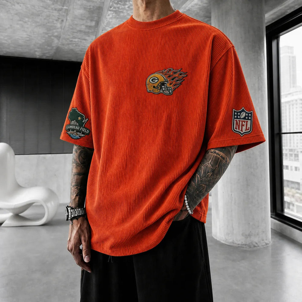 Unisex Loose-Fit Vertical-Stripe Short-Sleeve T-Shirt With Rugby Print