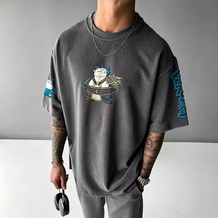 Anime-Inspired Vintage Waffle Knit T-Shirt