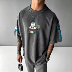 Anime-Inspired Vintage Waffle Knit T-Shirt