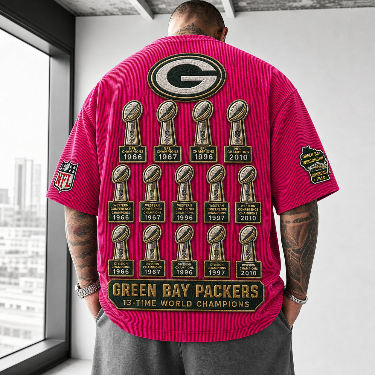 Unisex Loose-Fit Vertical-Stripe Short-Sleeve T-Shirt With Rugby Print
