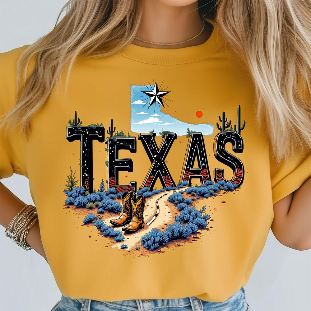 Texas Map State Wild West Cowboy Boots, Star Flag T-shirt