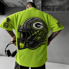 Unisex Loose-Fit Vertical-Stripe Short-Sleeve T-Shirt With Rugby Print