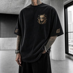 Unisex Oversized Anime-Print Vertical-Stripe Short-Sleeve T-Shirt
