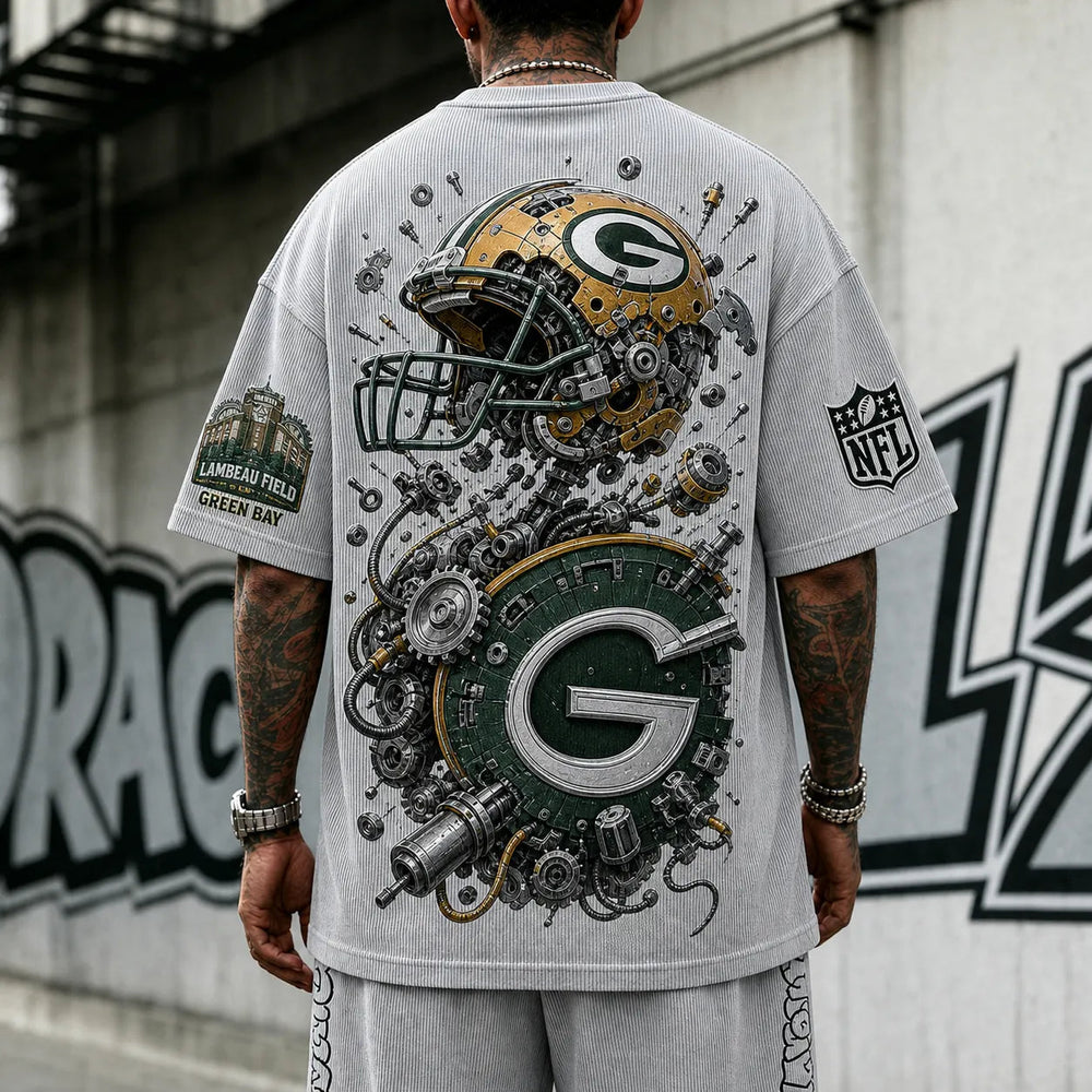 Unisex Loose-Fit Vertical-Stripe Short-Sleeve T-Shirt With Rugby Print