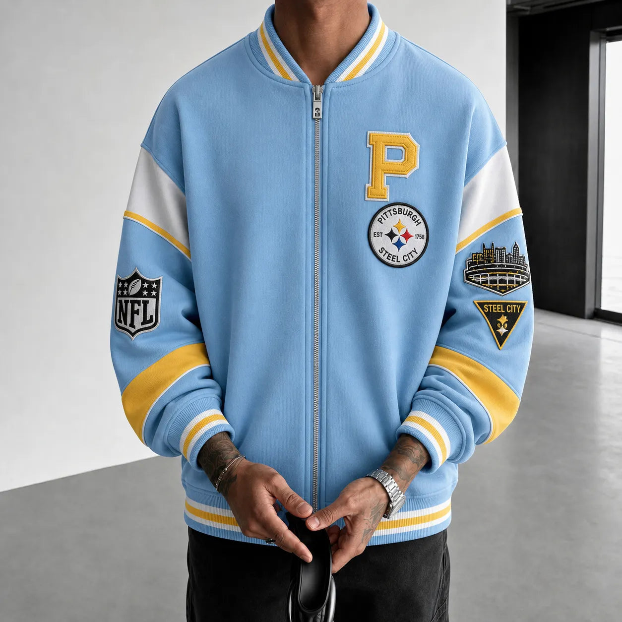 Rugby-print Zip-up Jacket With A Baseball Collar