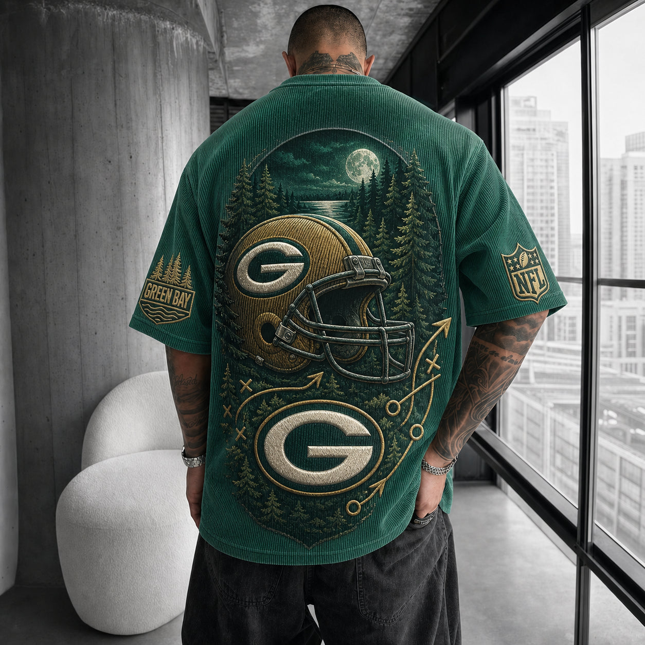 Unisex Loose-Fit Vertical-Stripe Short-Sleeve T-Shirt With Rugby Print