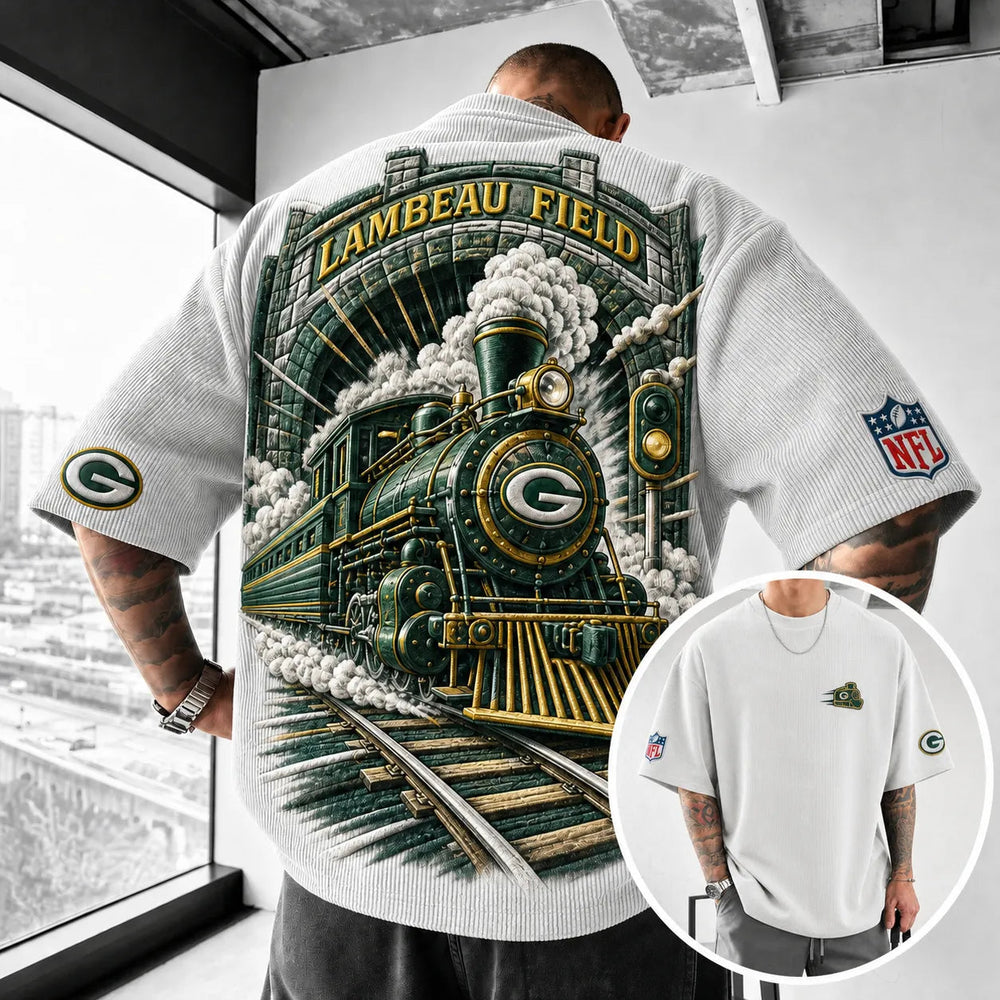 Unisex Loose-Fit Vertical-Stripe Short-Sleeve T-Shirt With Rugby Print