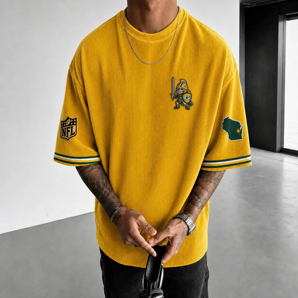Unisex Loose-Fit Vertical-Stripe Short-Sleeve T-Shirt With Rugby Print