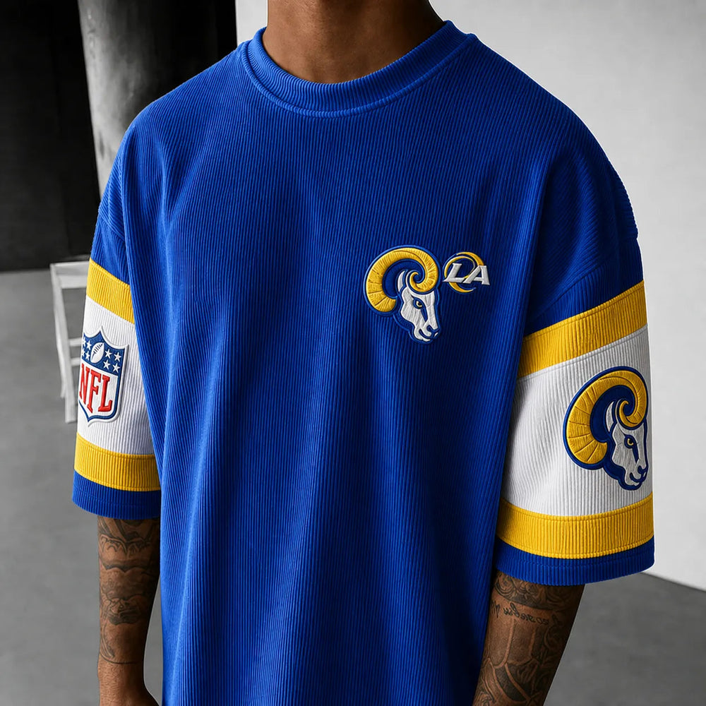 Unisex Loose-Fit Vertical-Stripe Short-Sleeve T-Shirt With Rugby Print
