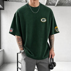 Unisex Loose-Fit Vertical-Stripe Short-Sleeve T-Shirt With Rugby Print