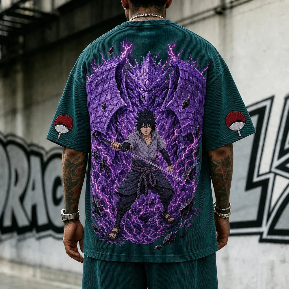 Unisex Oversized Anime-Print Vertical-Stripe Short-Sleeve T-Shirt