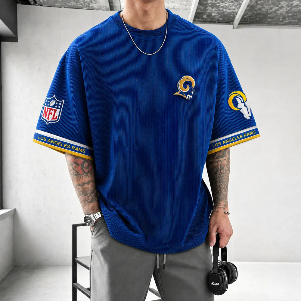 Unisex Loose-Fit Vertical-Stripe Short-Sleeve T-Shirt With Rugby Print