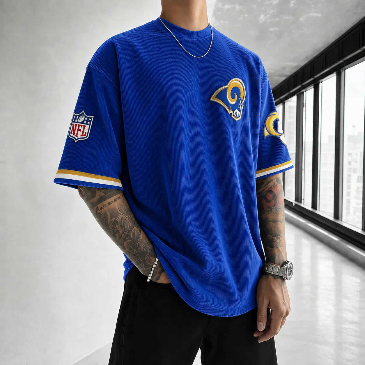 Unisex Loose-Fit Vertical-Stripe Short-Sleeve T-Shirt With Rugby Print