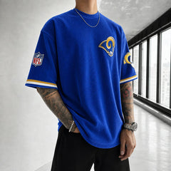 Unisex Loose-Fit Vertical-Stripe Short-Sleeve T-Shirt With Rugby Print
