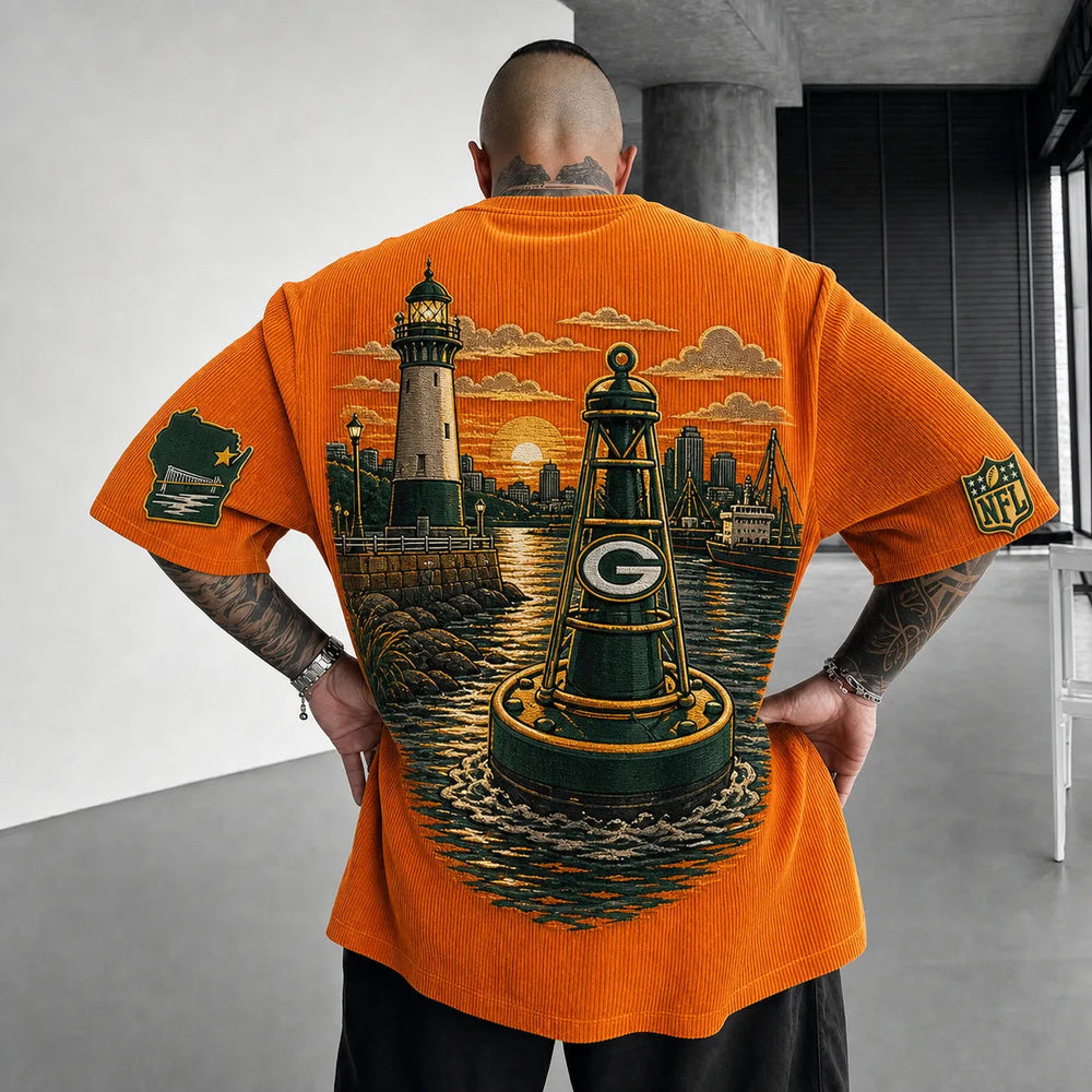Unisex Loose-Fit Vertical-Stripe Short-Sleeve T-Shirt With Rugby Print