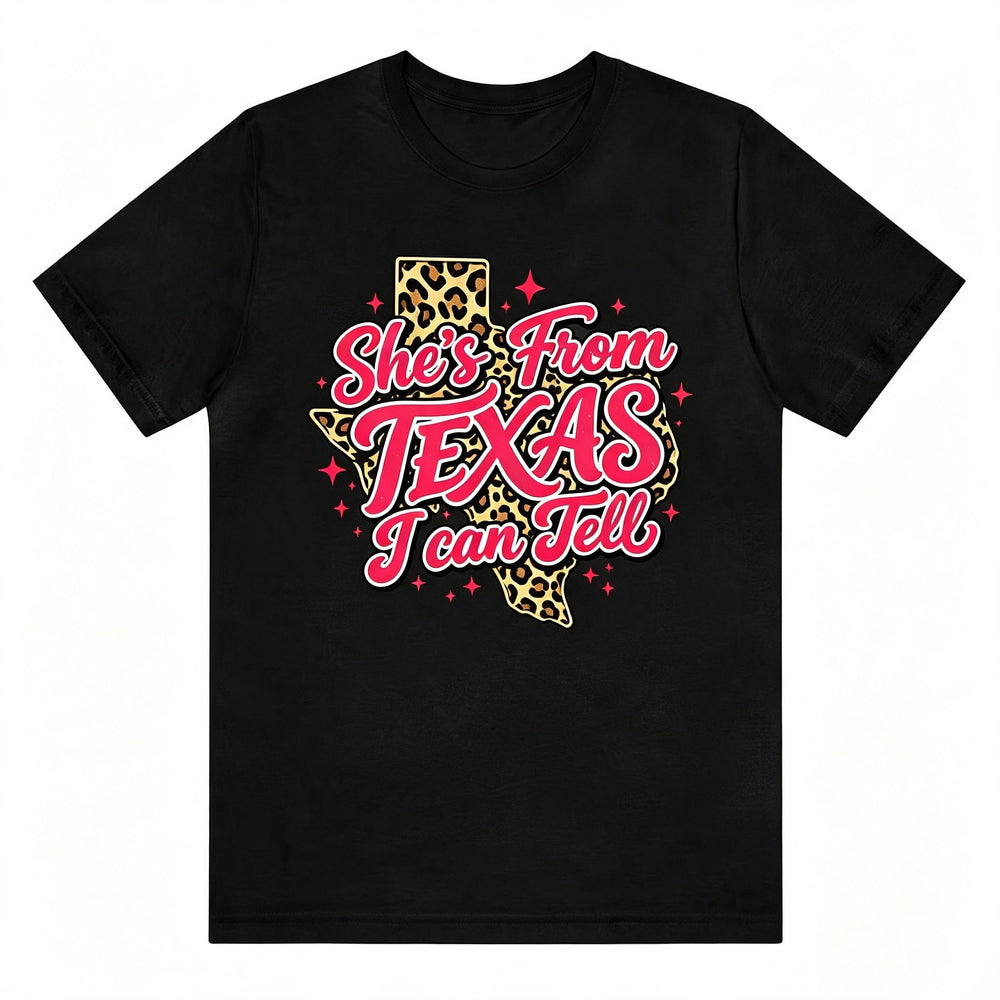 She's From Texas I Can Tell Leopard Texas Map Graphic T‑Shirt