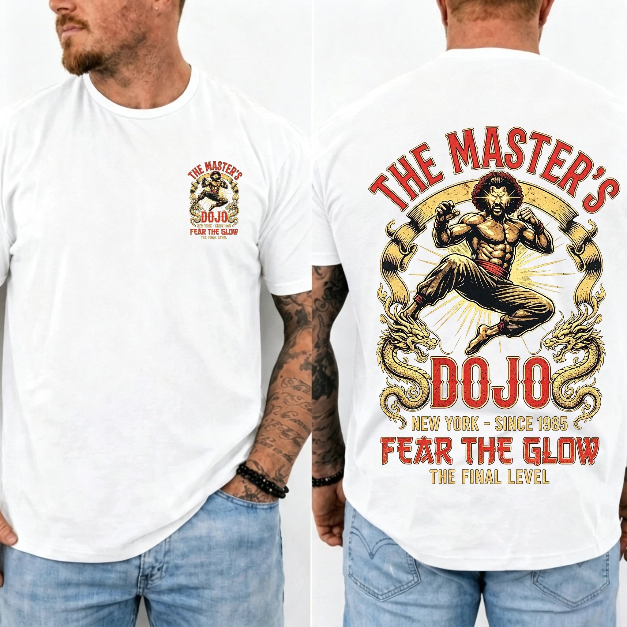 Vintage Martial Arts Dojo Graphic Double Sided Casual Short Sleeve Tee