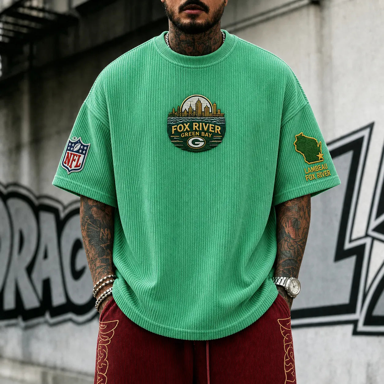Unisex Loose-Fit Vertical-Stripe Short-Sleeve T-Shirt With Rugby Print