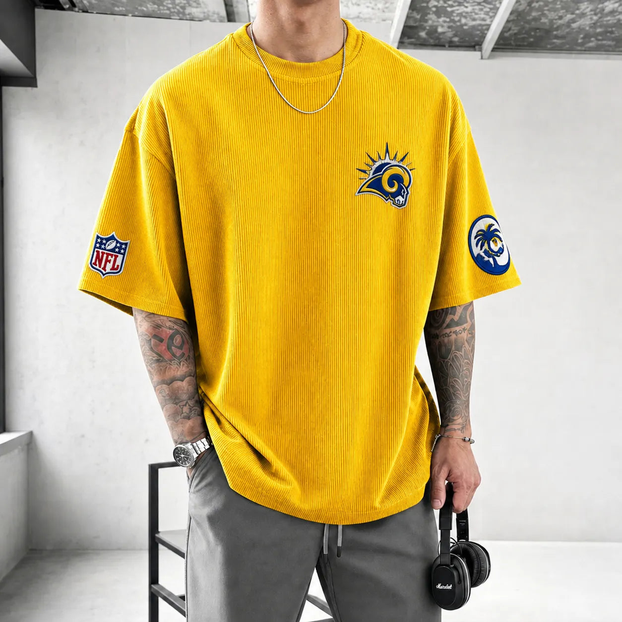 Unisex Loose-Fit Vertical-Stripe Short-Sleeve T-Shirt With Rugby Print