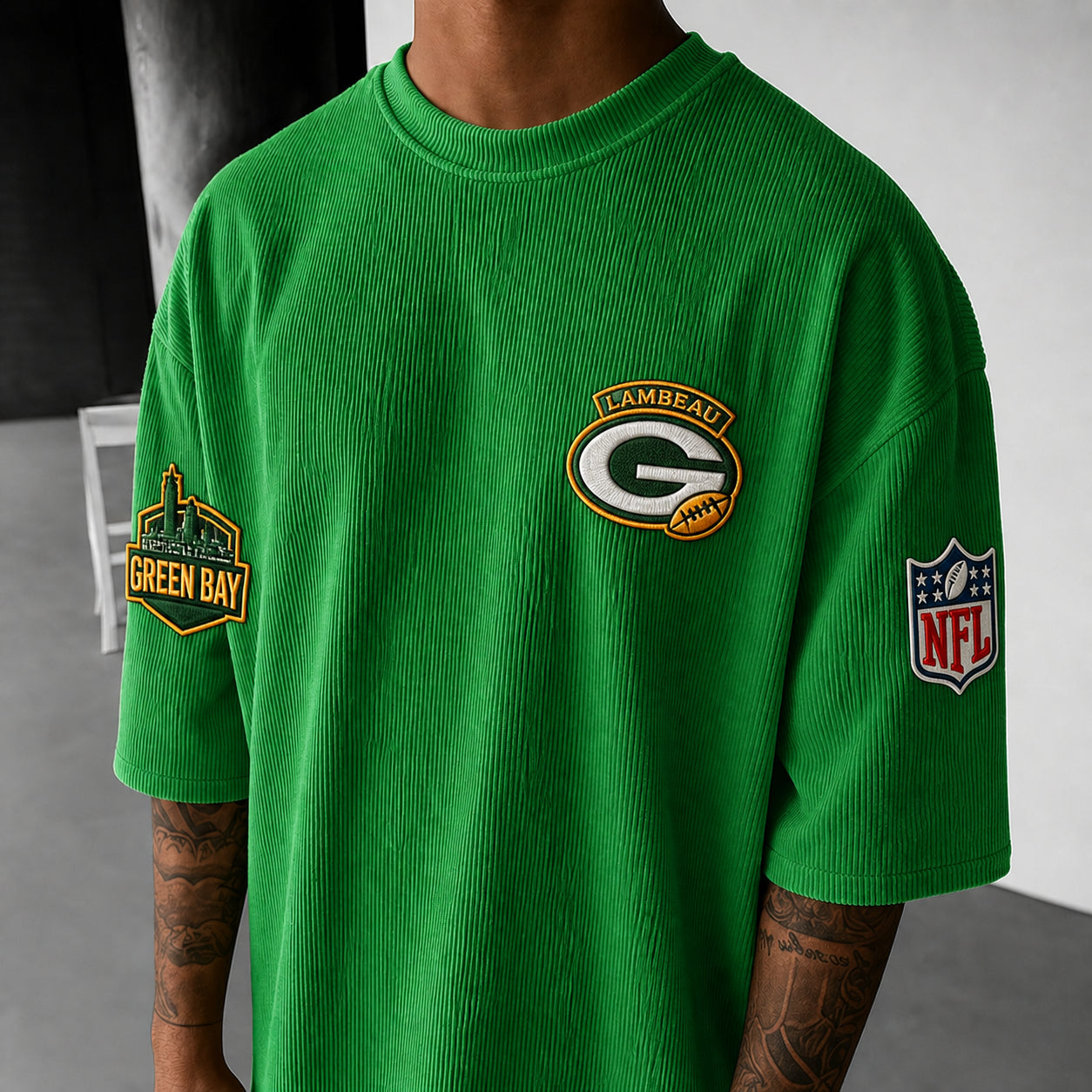 Unisex Loose-Fit Vertical-Stripe Short-Sleeve T-Shirt With Rugby Print