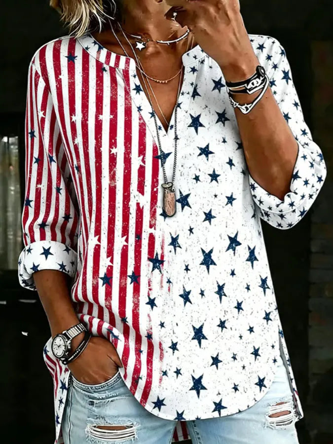 Women'S Retro Art American Flag Round Neck Top