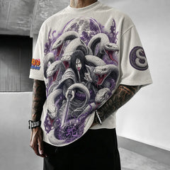 Unisex Oversized Anime-Print Vertical-Stripe Short-Sleeve T-Shirt