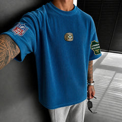 Unisex Loose-Fit Vertical-Stripe Short-Sleeve T-Shirt With Rugby Print