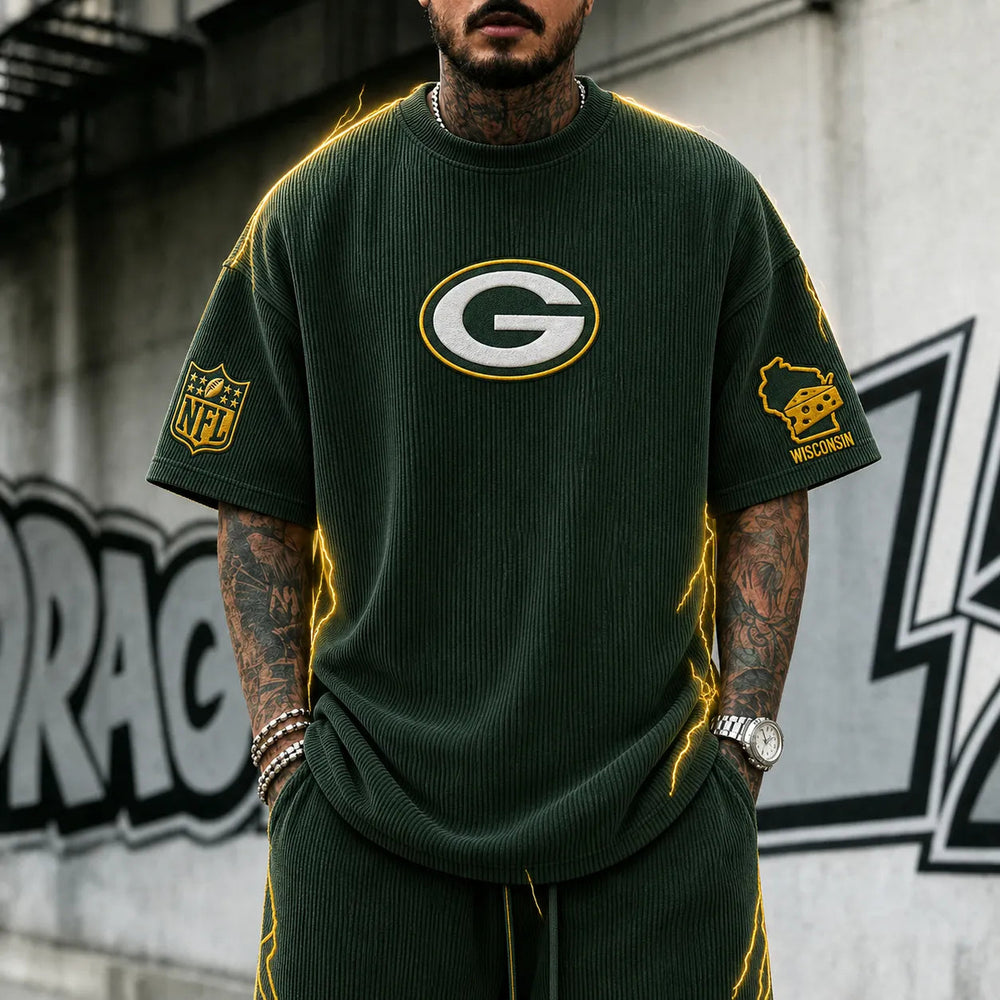 Unisex Loose-Fit Vertical-Stripe Short-Sleeve T-Shirt With Rugby Print