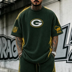 Unisex Loose-Fit Vertical-Stripe Short-Sleeve T-Shirt With Rugby Print