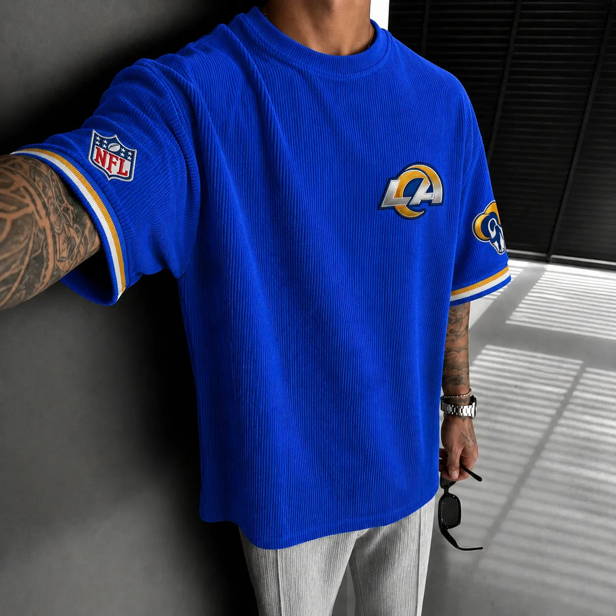 Unisex Loose-Fit Vertical-Stripe Short-Sleeve T-Shirt With Rugby Print