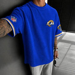 Unisex Loose-Fit Vertical-Stripe Short-Sleeve T-Shirt With Rugby Print