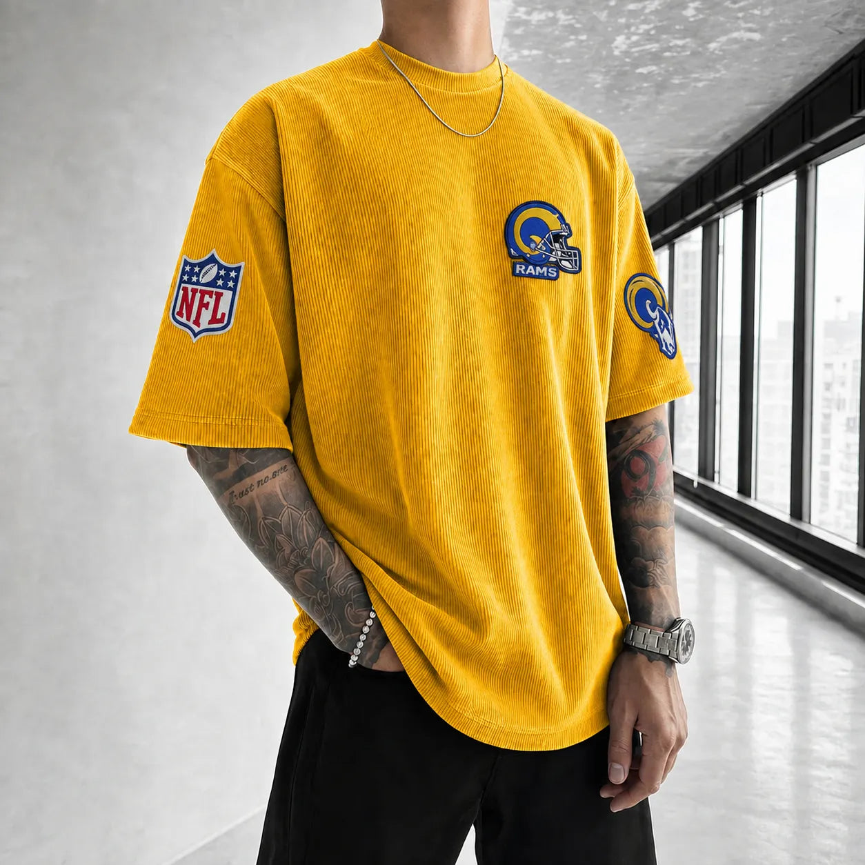 Unisex Loose-Fit Vertical-Stripe Short-Sleeve T-Shirt With Rugby Print