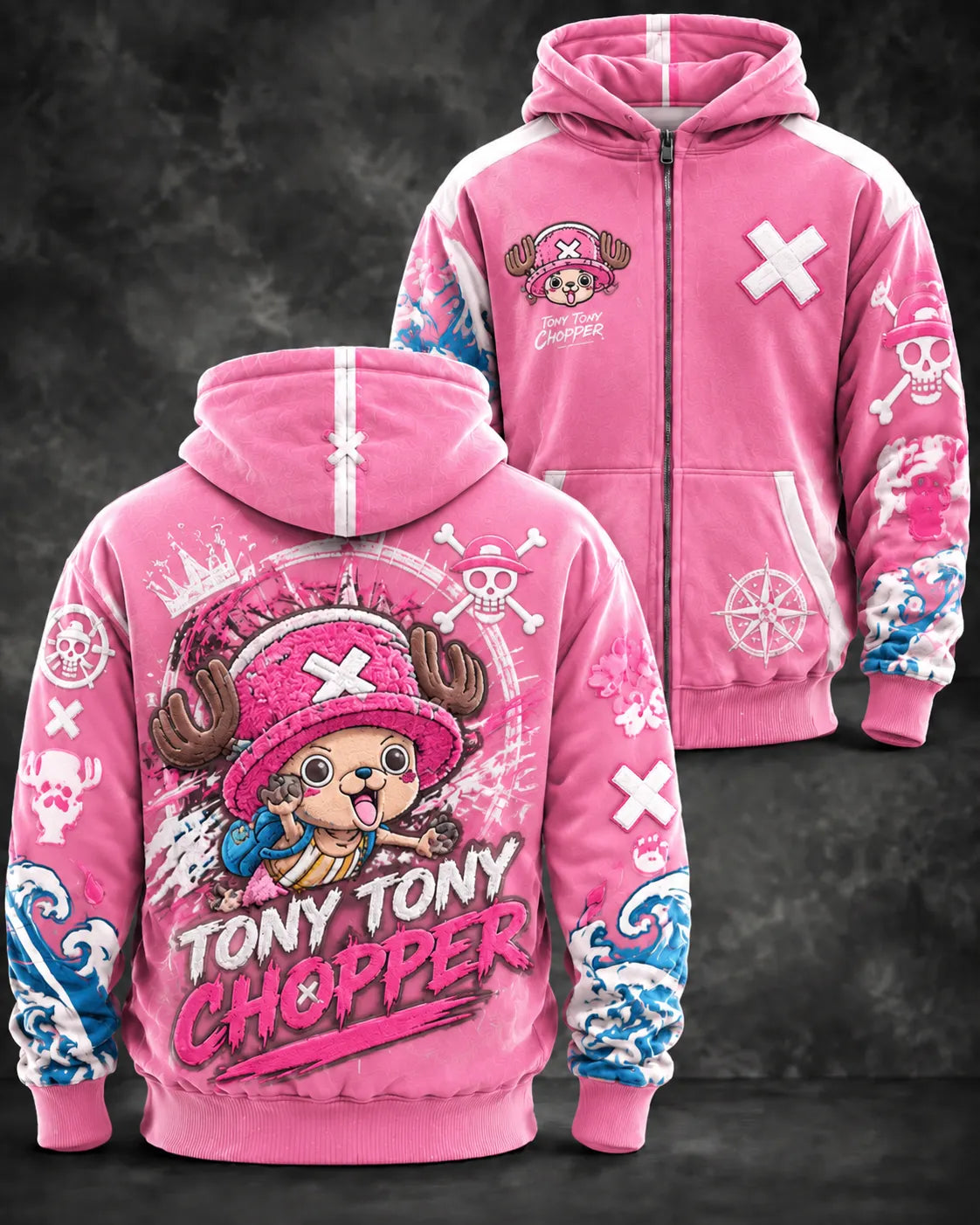 Pink Anime Tony Tony Graphic Full Zip Hoodie