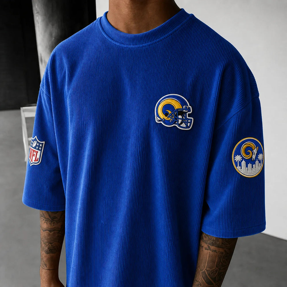 Unisex Loose-Fit Vertical-Stripe Short-Sleeve T-Shirt With Rugby Print