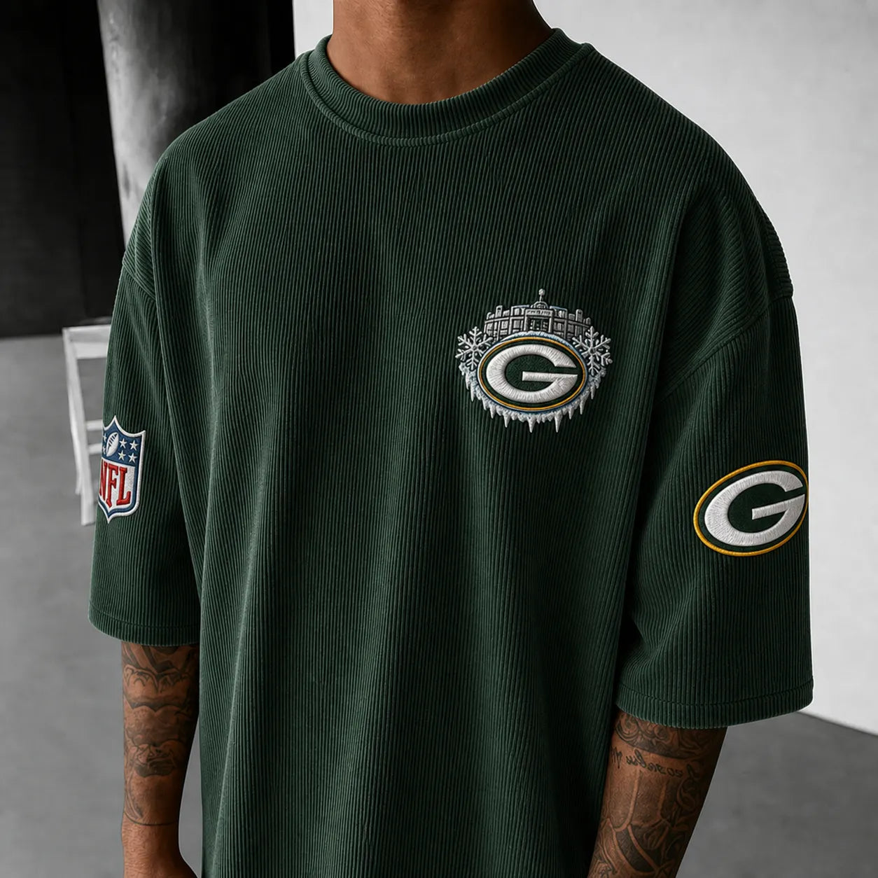 Unisex Loose-Fit Vertical-Stripe Short-Sleeve T-Shirt With Rugby Print