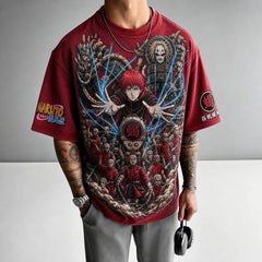 Unisex Oversized Anime-Print Vertical-Stripe Short-Sleeve T-Shirt