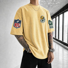 Unisex Loose-Fit Vertical-Stripe Short-Sleeve T-Shirt With Rugby Print