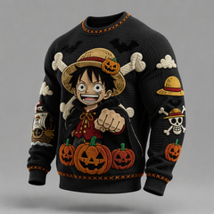 Men's Halloween Anime Embroidered Crewneck Knit Sweater