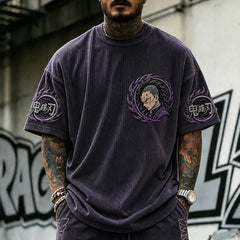 Unisex Oversized Anime-Print Vertical-Stripe Short-Sleeve T-Shirt