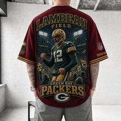 Unisex Loose-Fit Vertical-Stripe Short-Sleeve T-Shirt With Rugby Print