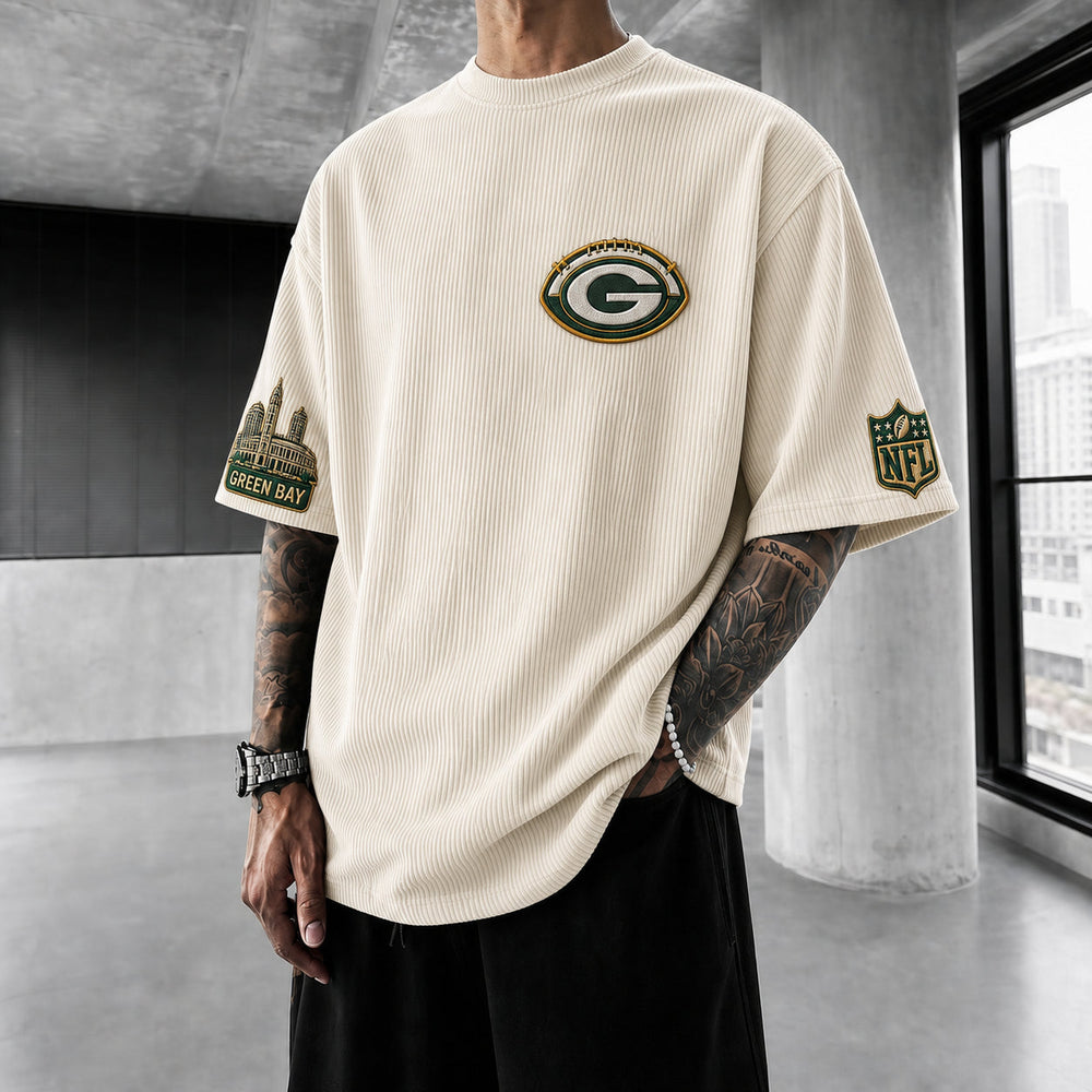 Unisex Loose-Fit Vertical-Stripe Short-Sleeve T-Shirt With Rugby Print