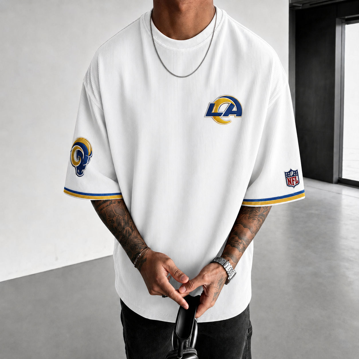 Unisex Loose-Fit Vertical-Stripe Short-Sleeve T-Shirt With Rugby Print