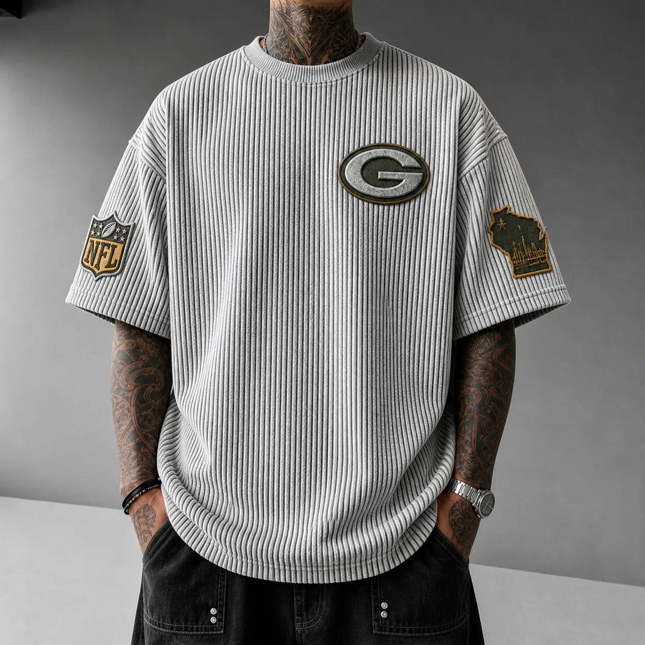 Unisex Loose-Fit Vertical-Stripe Short-Sleeve T-Shirt With Rugby Print