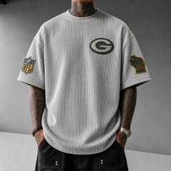 Unisex Loose-Fit Vertical-Stripe Short-Sleeve T-Shirt With Rugby Print