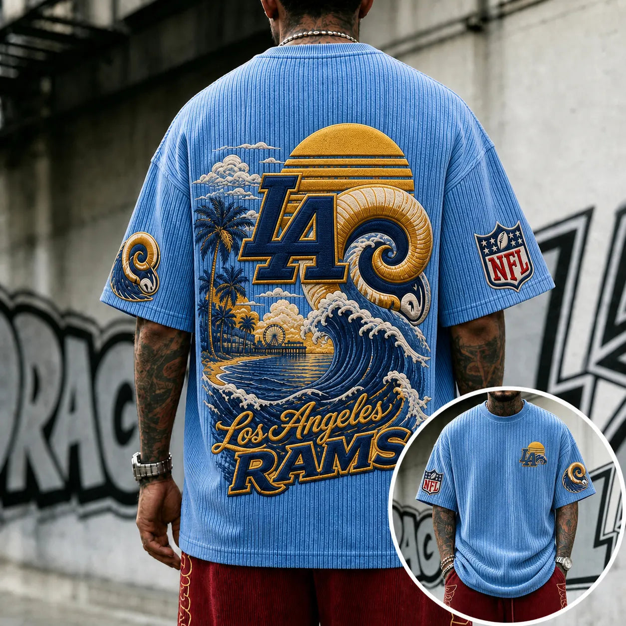 Unisex Loose-Fit Vertical-Stripe Short-Sleeve T-Shirt With Rugby Print