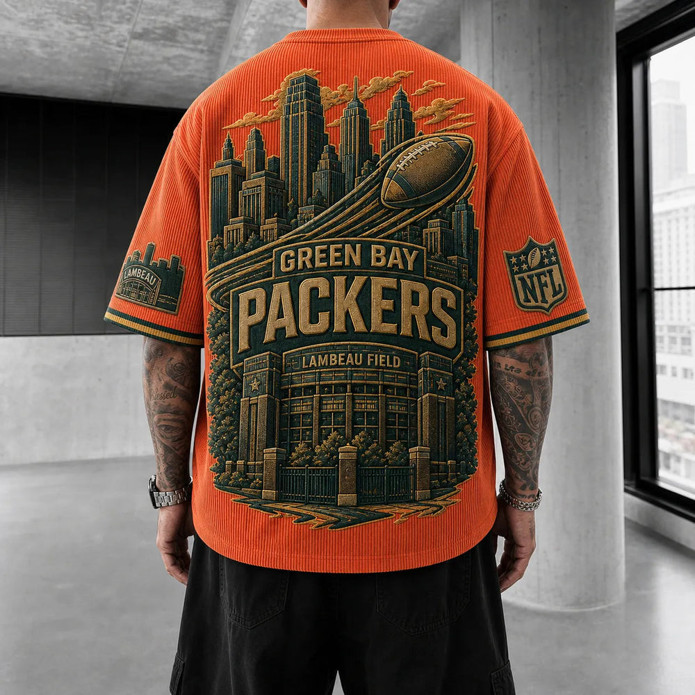 Unisex Loose-Fit Vertical-Stripe Short-Sleeve T-Shirt With Rugby Print