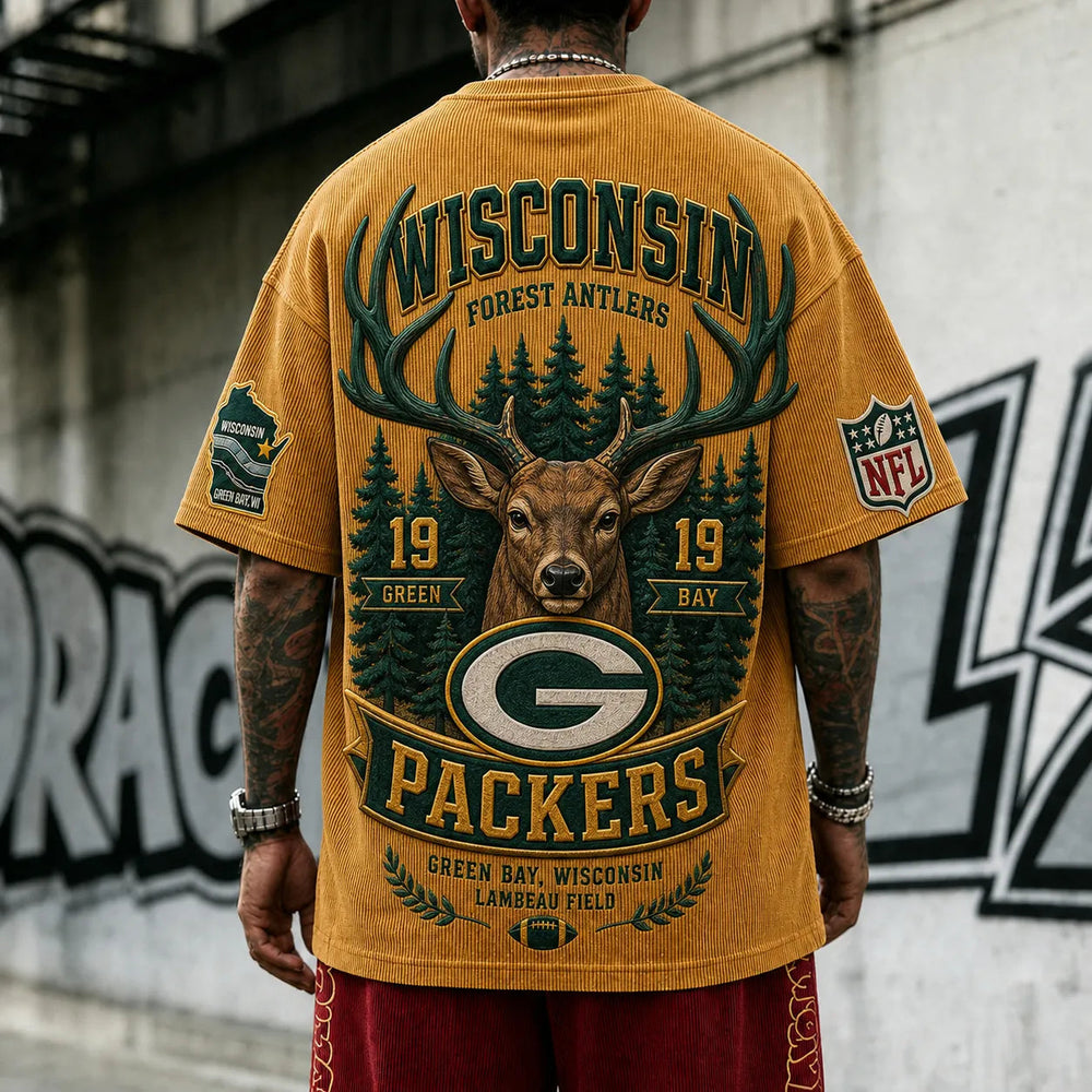 Unisex Loose-Fit Vertical-Stripe Short-Sleeve T-Shirt With Rugby Print