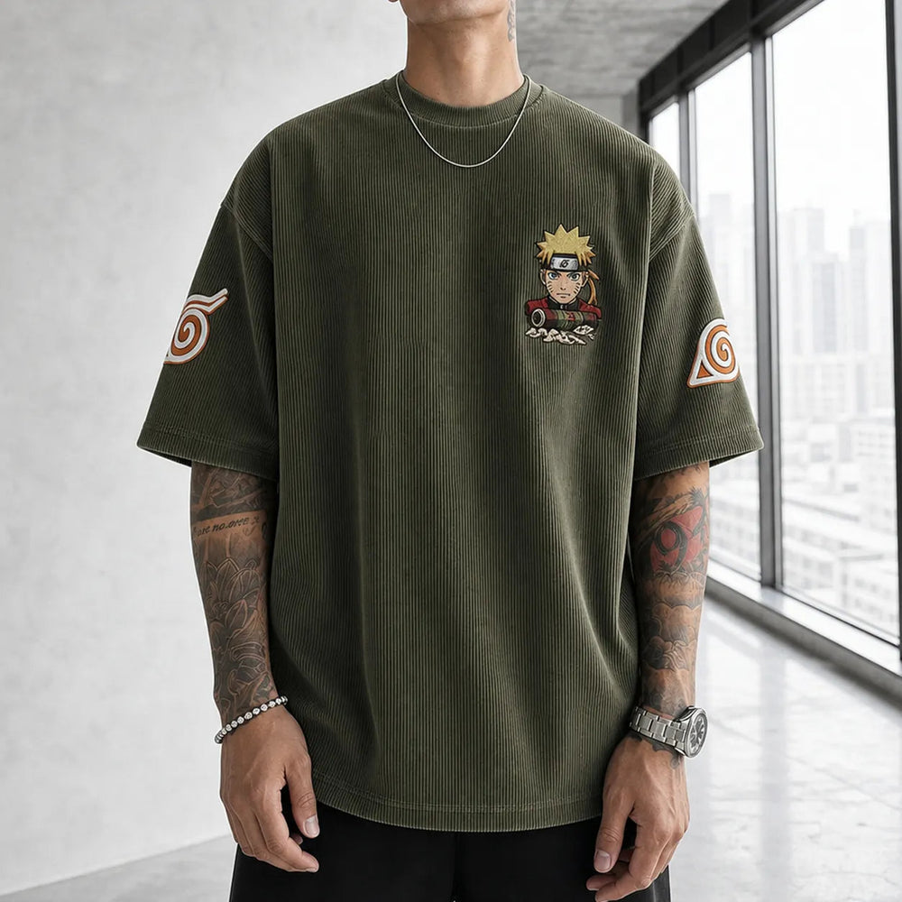 Unisex Oversized Anime-Print Vertical-Stripe Short-Sleeve T-Shirt
