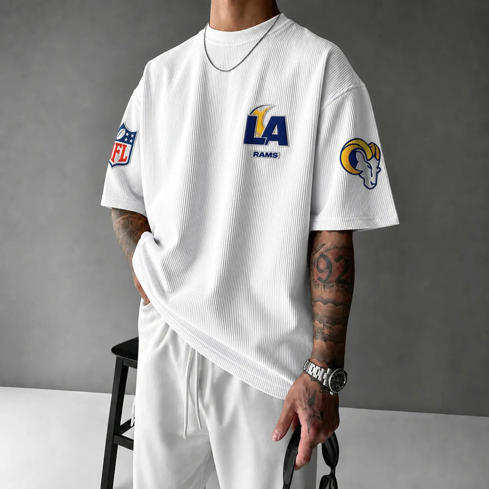 Unisex Loose-Fit Vertical-Stripe Short-Sleeve T-Shirt With Rugby Print